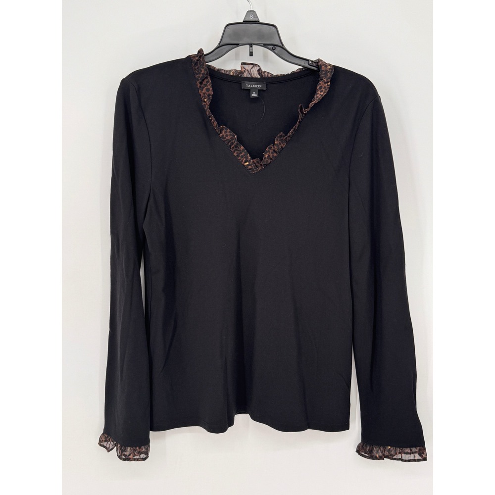 Talbots Knit Top Womens M Black Leopard Ruffle Trim V-Neck Long Sleeve NWOT